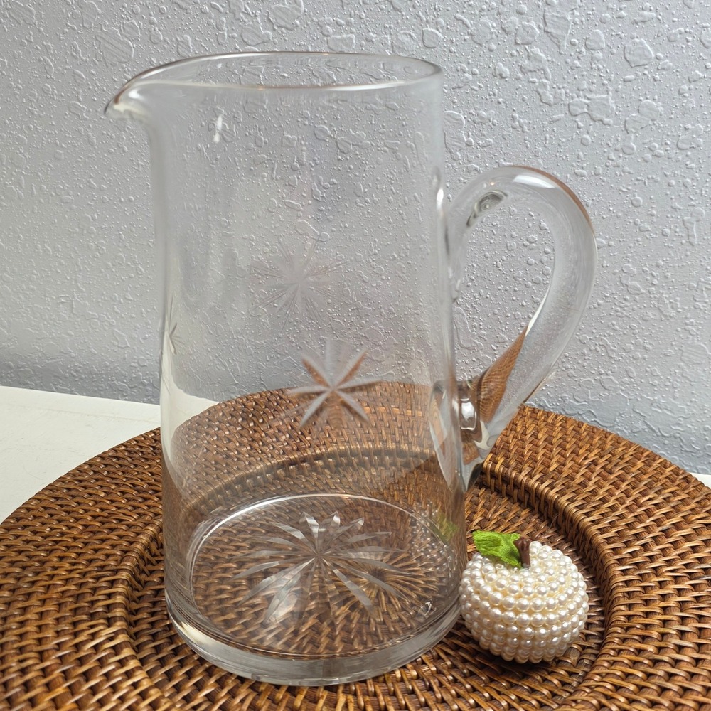 Vintage MCM Fostoria "Sunburst" Crystal Glass Pitcher Etched Atomic Star Design